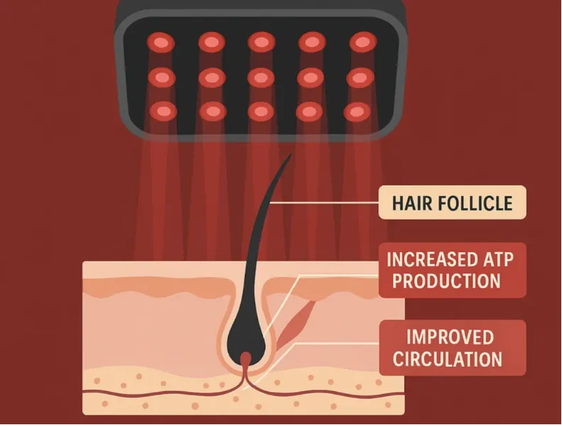 Illustrated follicle diagram showing red light support and increased circulation