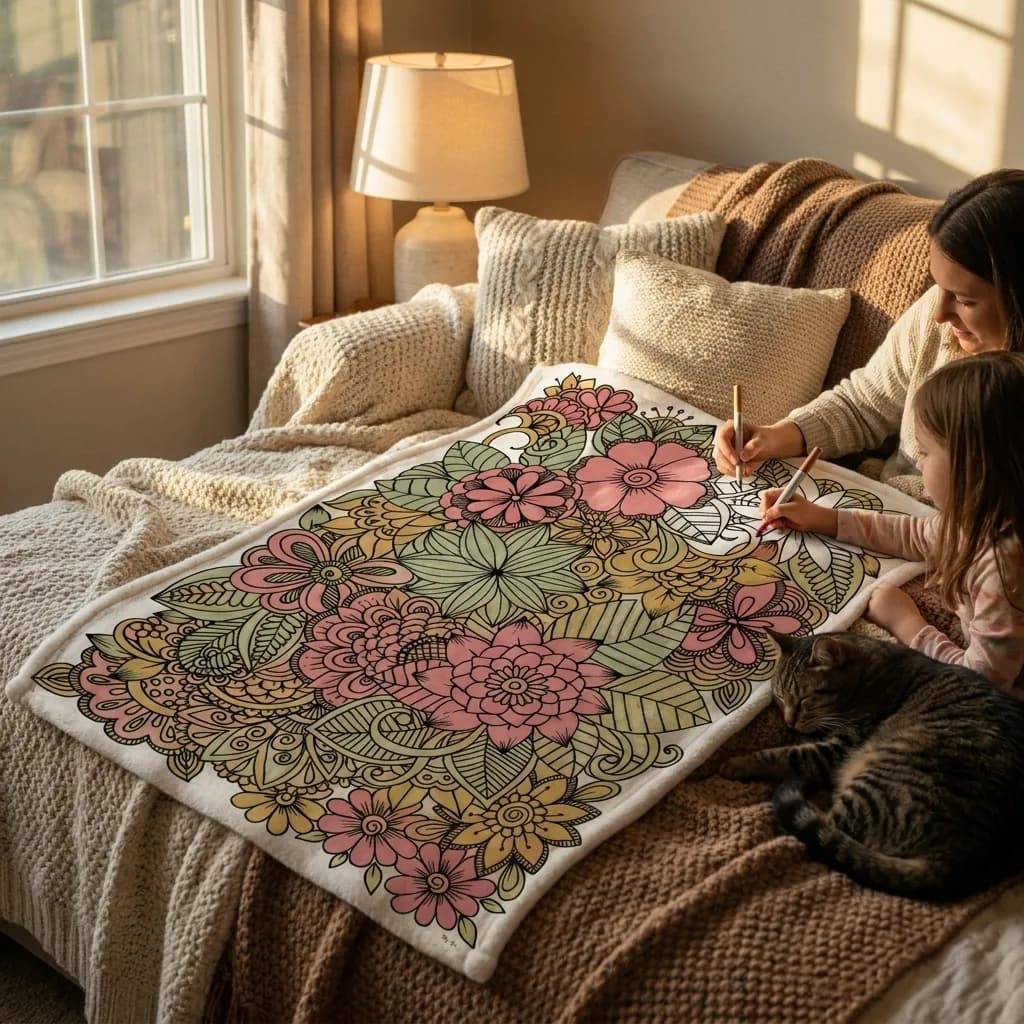 Mother and child coloring a floral blanket together on a cozy bed